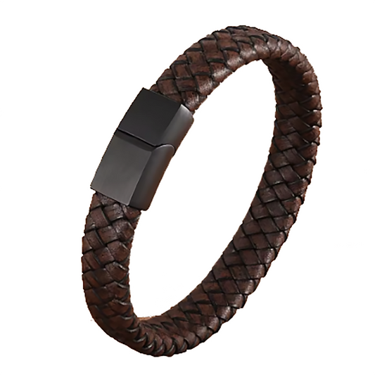 The Men’s Brown Braided Leather Bracelet with Stainless Steel Clasp by FR | Art Jewellery features a stylish black clasp and braided design, showcased on a white background. Thamus Design.