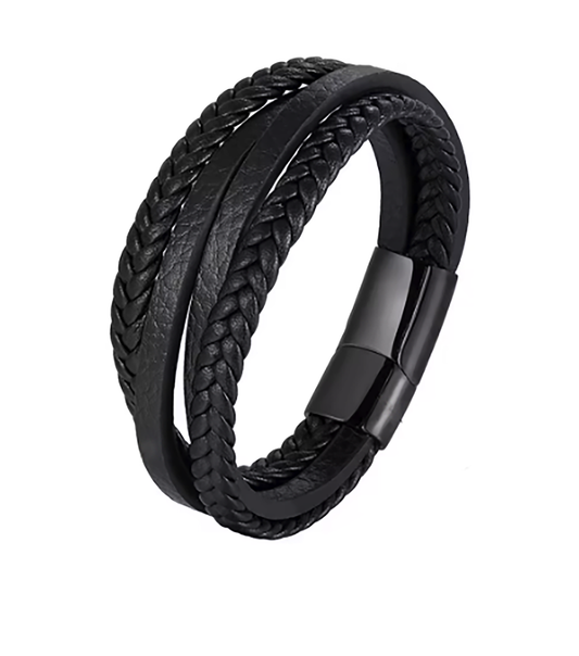 The Thamus Design Men’s Leather Multi-Layer Bracelet by FR | Art Jewellery features brown braided and smooth strands with a sleek black stainless steel clasp for a modern look.