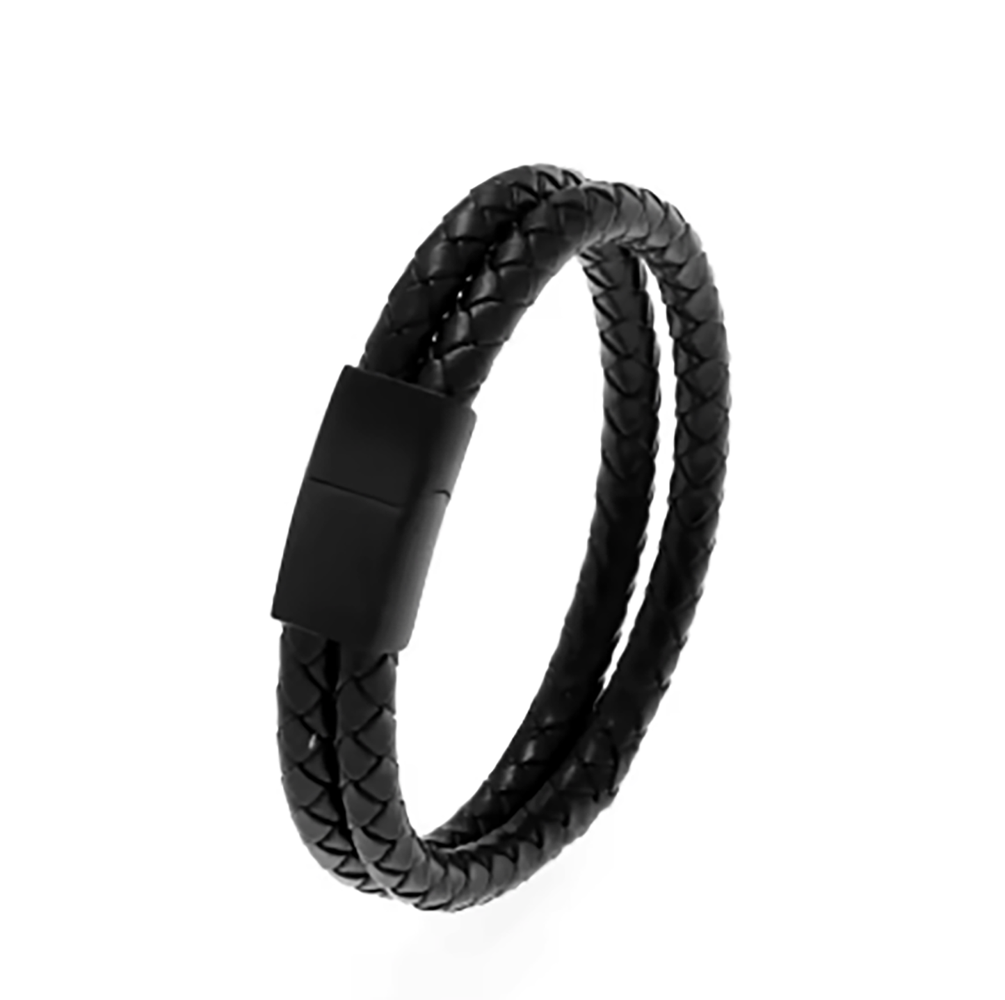 The FR | Art Jewellery Men’s Double Braided Leather Bracelet – Thamus Design features black leather and a matte black stainless steel clasp, shown on a white background.