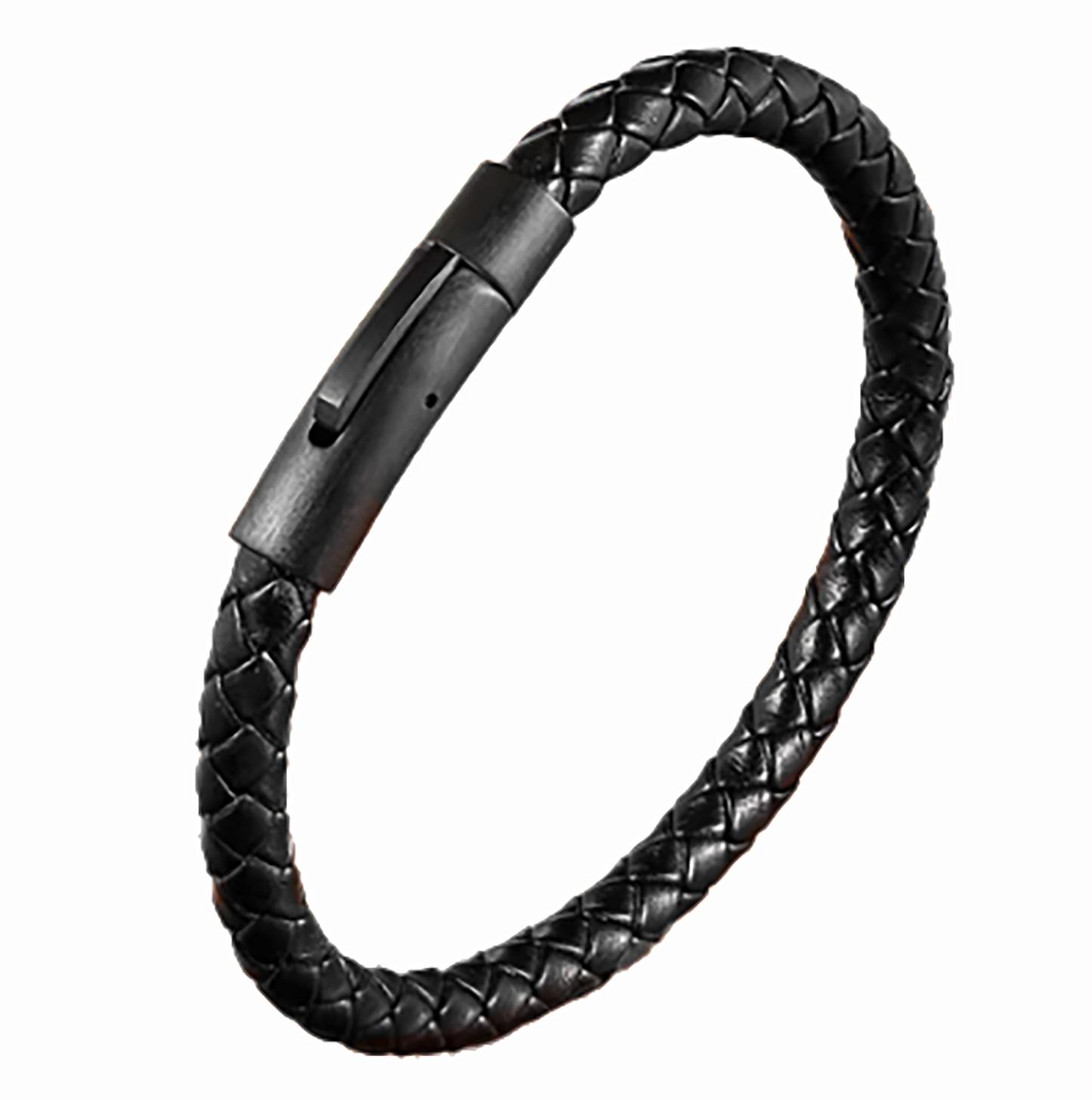 The Black Braided Leather Bracelet with Stainless Steel Clasp by FR | Art Jewellery from Thamus Design is a stylish men’s accessory, crafted from genuine leather with a sleek clasp and shown on a white background.