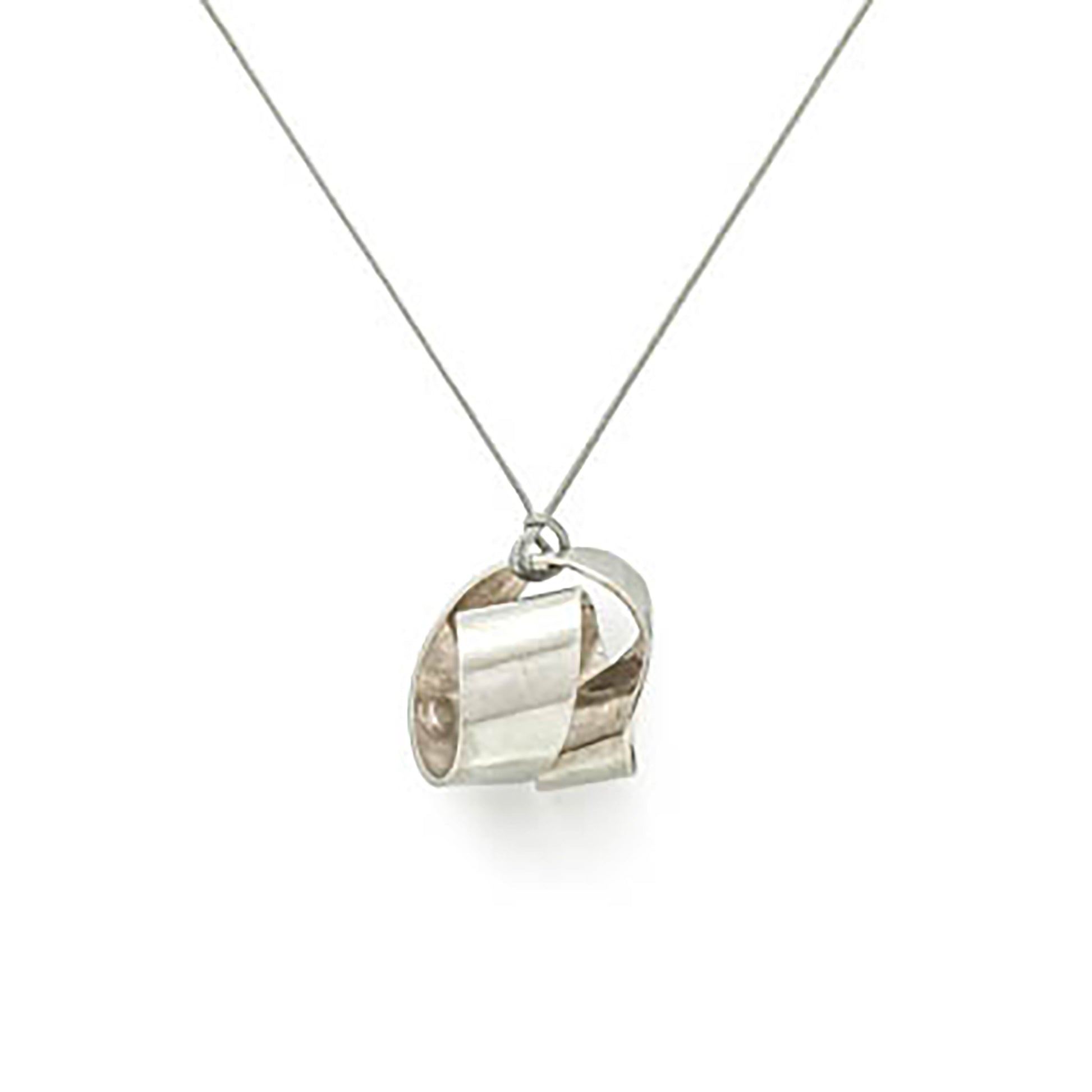 An elegant Archi sterling silver necklace from FR | Art Jewellery features a twisted, looped design suspended from a black cord. This handmade piece embodies modern aesthetics and is beautifully set against a plain white background.