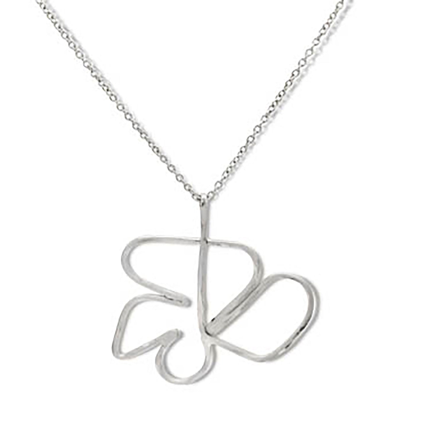 The Clover Sterling Silver Necklace by FR | Art Jewellery showcases a handmade abstract pendant that resembles a flower or butterfly with smooth, flowing lines. Its unique design enhances its elegance, and the pendant hangs gracefully on a thin chain, creating timeless handmade jewelry.