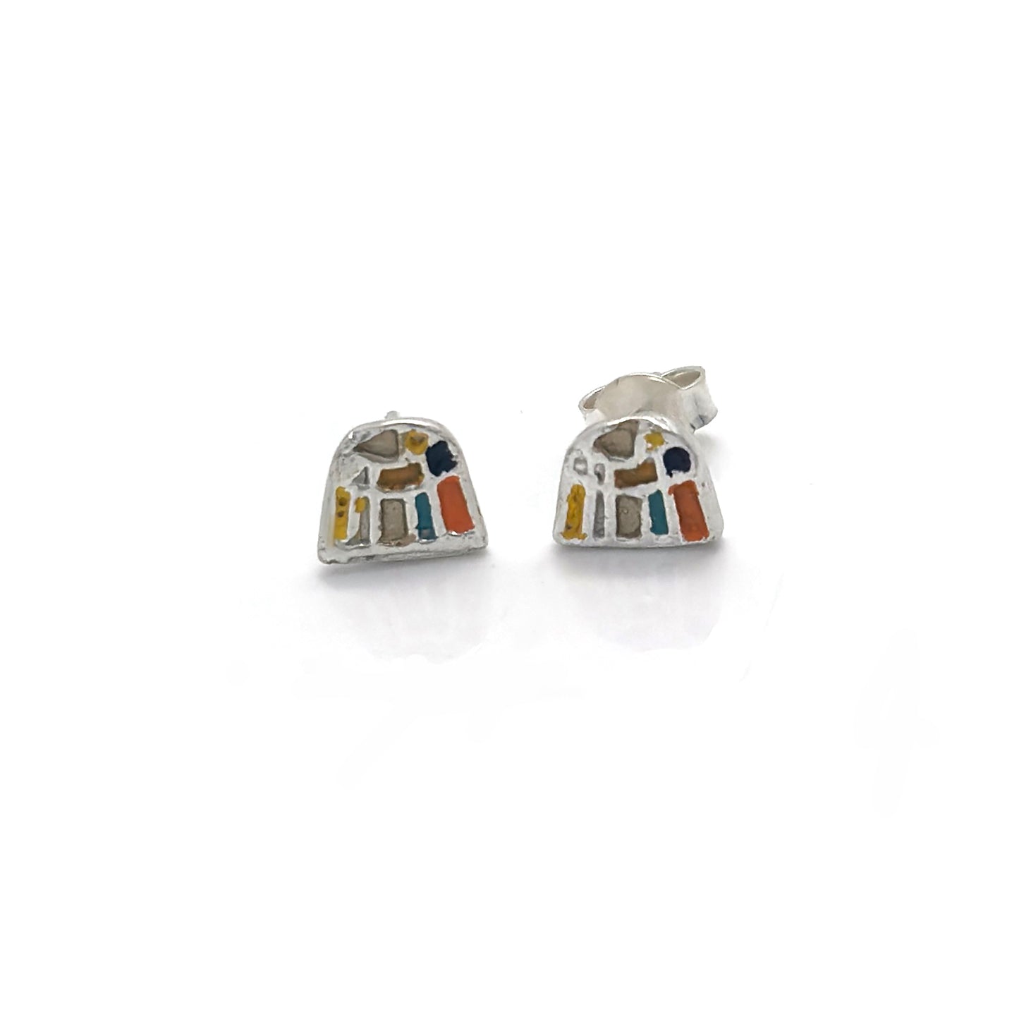 The Dot Klimt Sterling Silver Earrings by FR | Art Jewellery are small robot-shaped studs, enamel-painted with blue, red, yellow, and orange accents, shown on a white background.