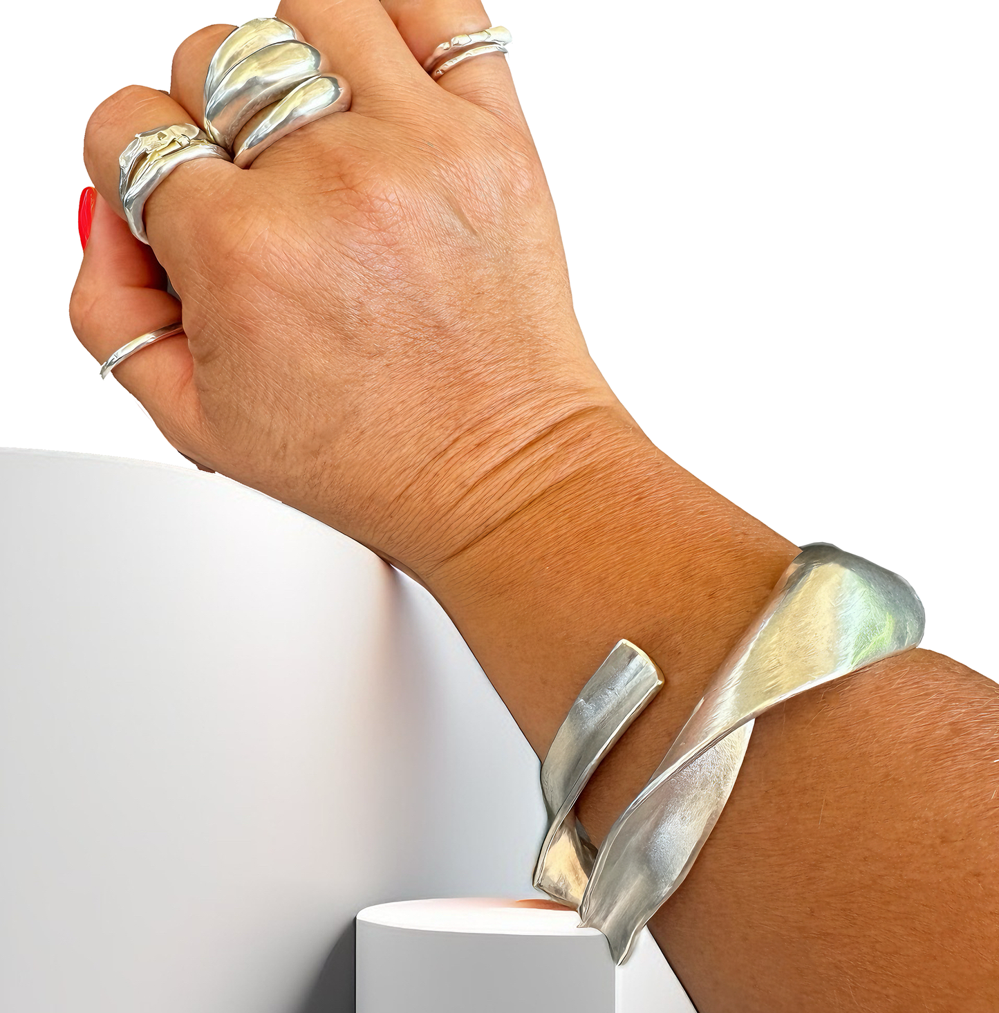 The Ebbs & Flows Rings - Central Sterling Silver by FR | Art Jewellery features a smooth, organic asymmetrical design with a rounded top and tapered band, creating a modern, minimalist handmade look.