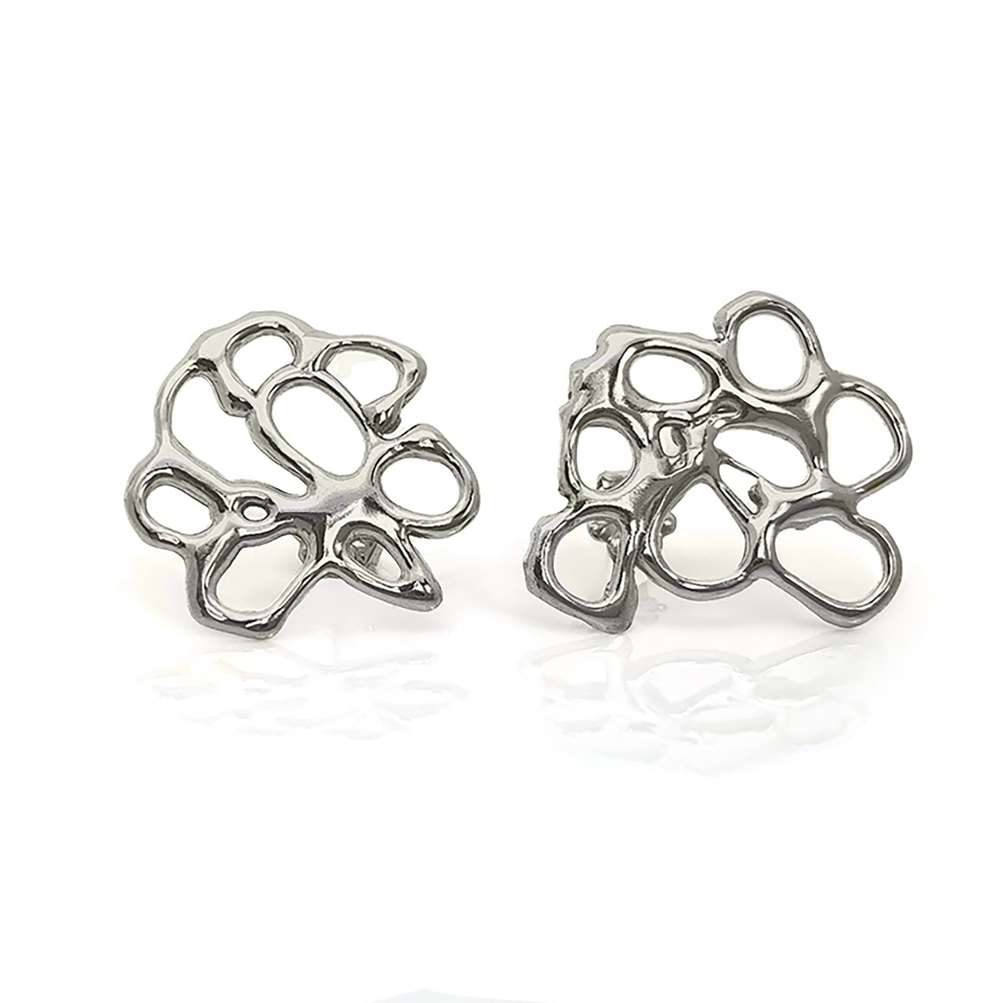 The Flower Sterling Silver Earrings by FR | Art Jewellery feature an abstract, openwork design with irregular shapes from the Inspire by Nature Collection. This art jewellery piece showcases an intricate pattern of organic, freeform motifs, reminiscent of handmade flower earrings, set against a white background.