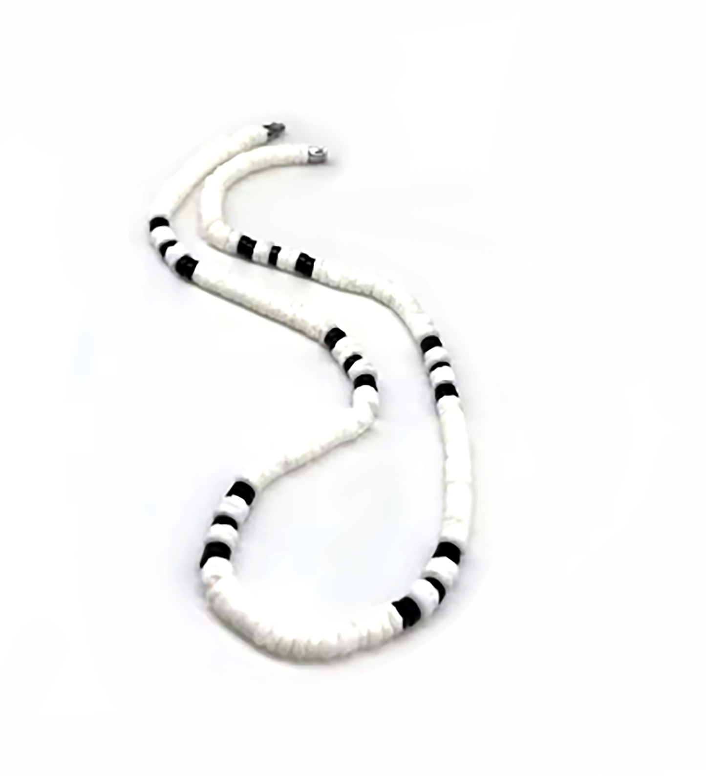 Handmade black and white beaded necklace with alternating pattern, unisex jewellery by Thamus Design Australia.