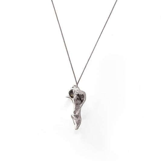 The Nucleous Necklace in Sterling Silver by FR | Art Jewellery features an abstract, organic shape on a fine chain. Part of the Bondi to Bronte Collection, this piece is a striking example of contemporary art jewellery.