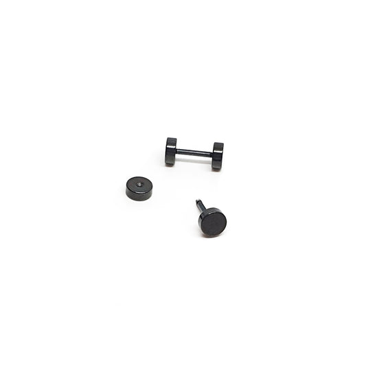 Four Double Stainless Steel Earrings by FR | Art Jewellery, in black unisex style, are arranged on a plain white background—two upright and two lying flat.