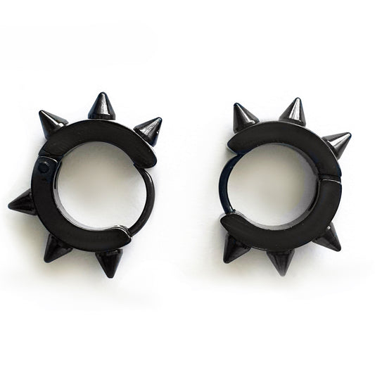 The Punk Stainless Steel earrings by FR | Art Jewellery are black hoops, each adorned with three evenly spaced pointed spikes for a bold, punk-inspired style.