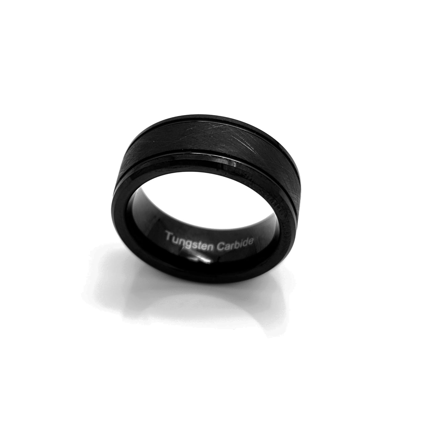 The Tungsten Black Bezel Brush ring by FR | Art Jewellery features a comfort-fit design, smooth polished finish, and a subtle brushed center band, shown against a white background.