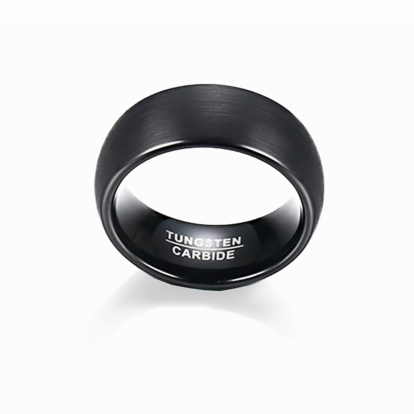The Tungsten Black ring by FR | Art Jewellery features a matte black tungsten carbide band with a sleek, brushed finish and comfort-fit design. "TUNGSTEN CARBIDE" is engraved inside. Shown on a plain white background.