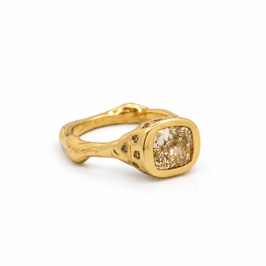 Handmade 9ct gold engagement ring with a 1.53ct yellow cushion lab-grown diamond by Francisca Rendic, Bronte