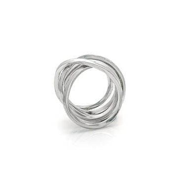 A close-up image of an intertwined silver ring featuring multiple loops creating a spiral effect. The ring has a shiny, polished finish.