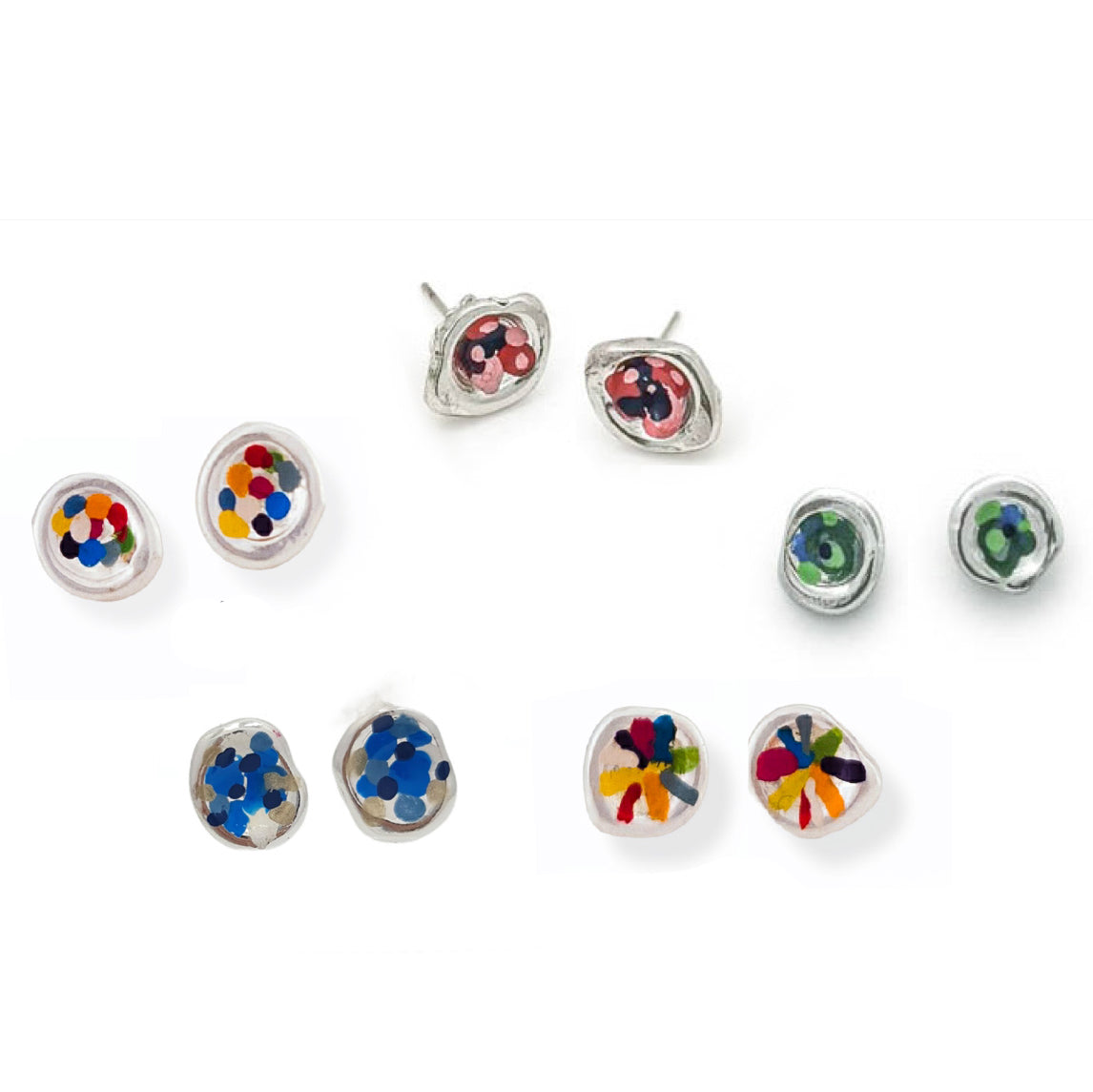 A collection of five pairs of round earrings with colorful mosaic-like designs. The designs include various combinations of red, yellow, green, blue, black, and white colors. Each pair features a distinct pattern.