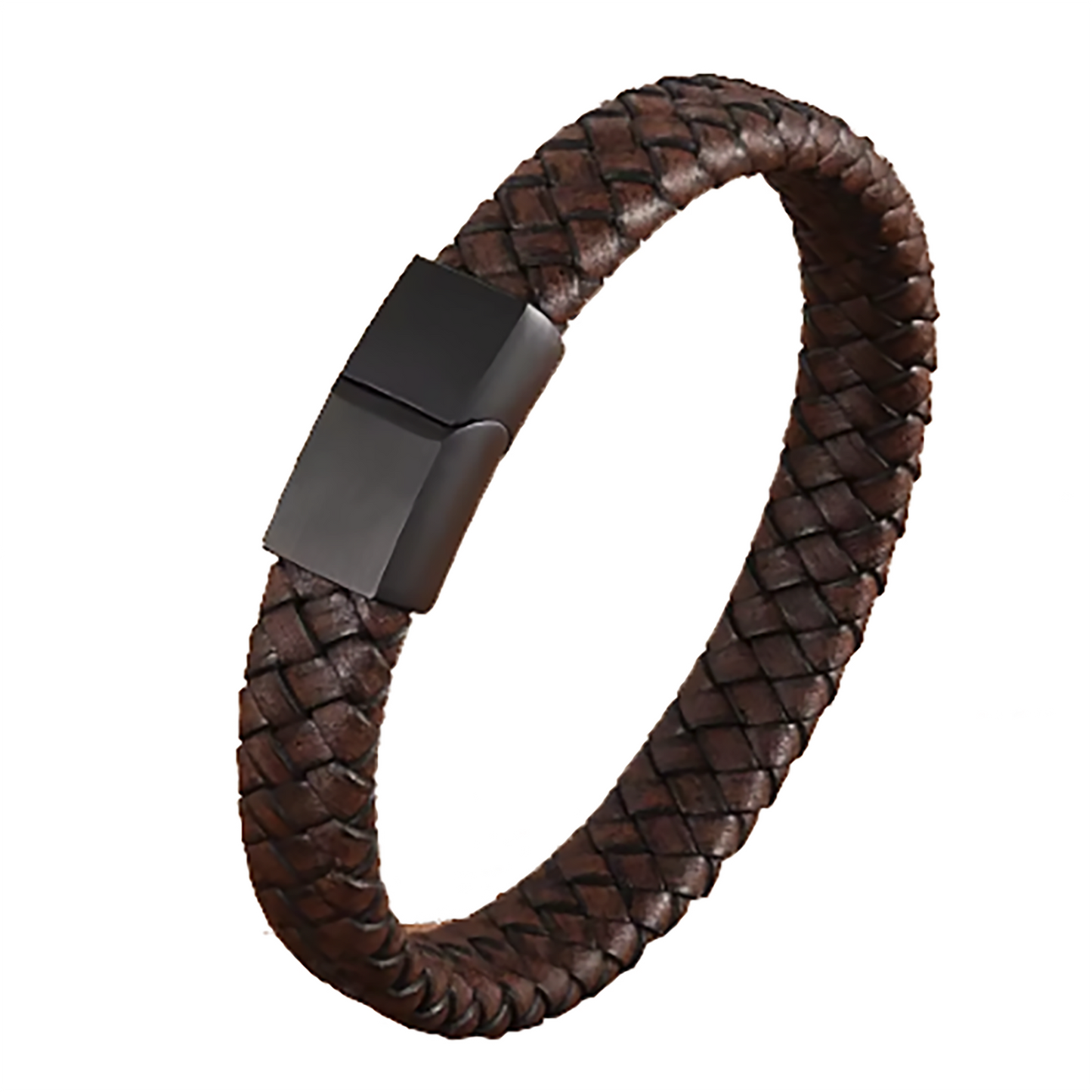 The Men’s Brown Braided Leather Bracelet with Stainless Steel Clasp by FR | Art Jewellery features a stylish black clasp and braided design, showcased on a white background. Thamus Design.