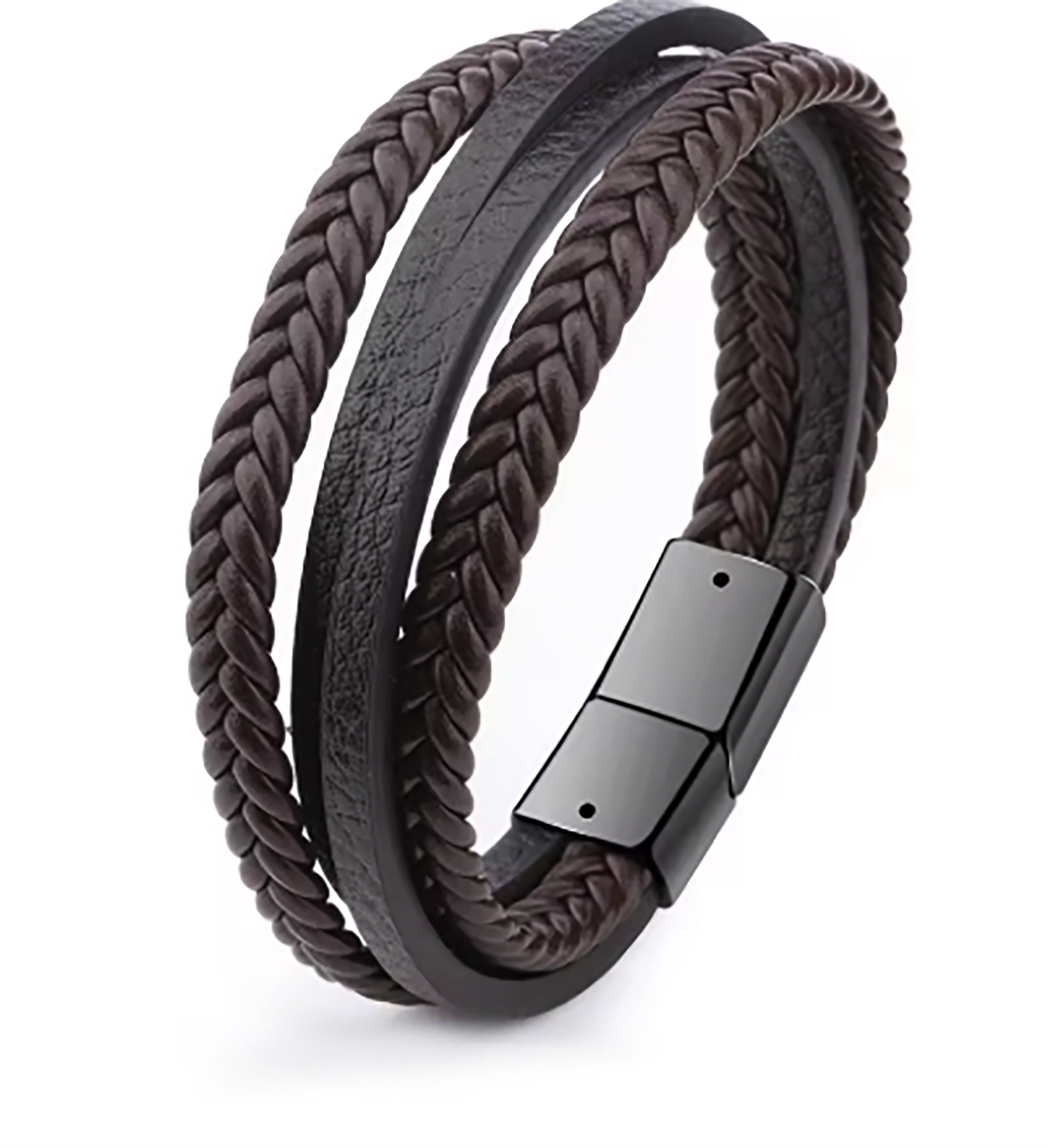 The Thamus Design Men’s Leather Multi-Layer Bracelet by FR | Art Jewellery features brown braided and smooth strands with a sleek black stainless steel clasp for a modern look.