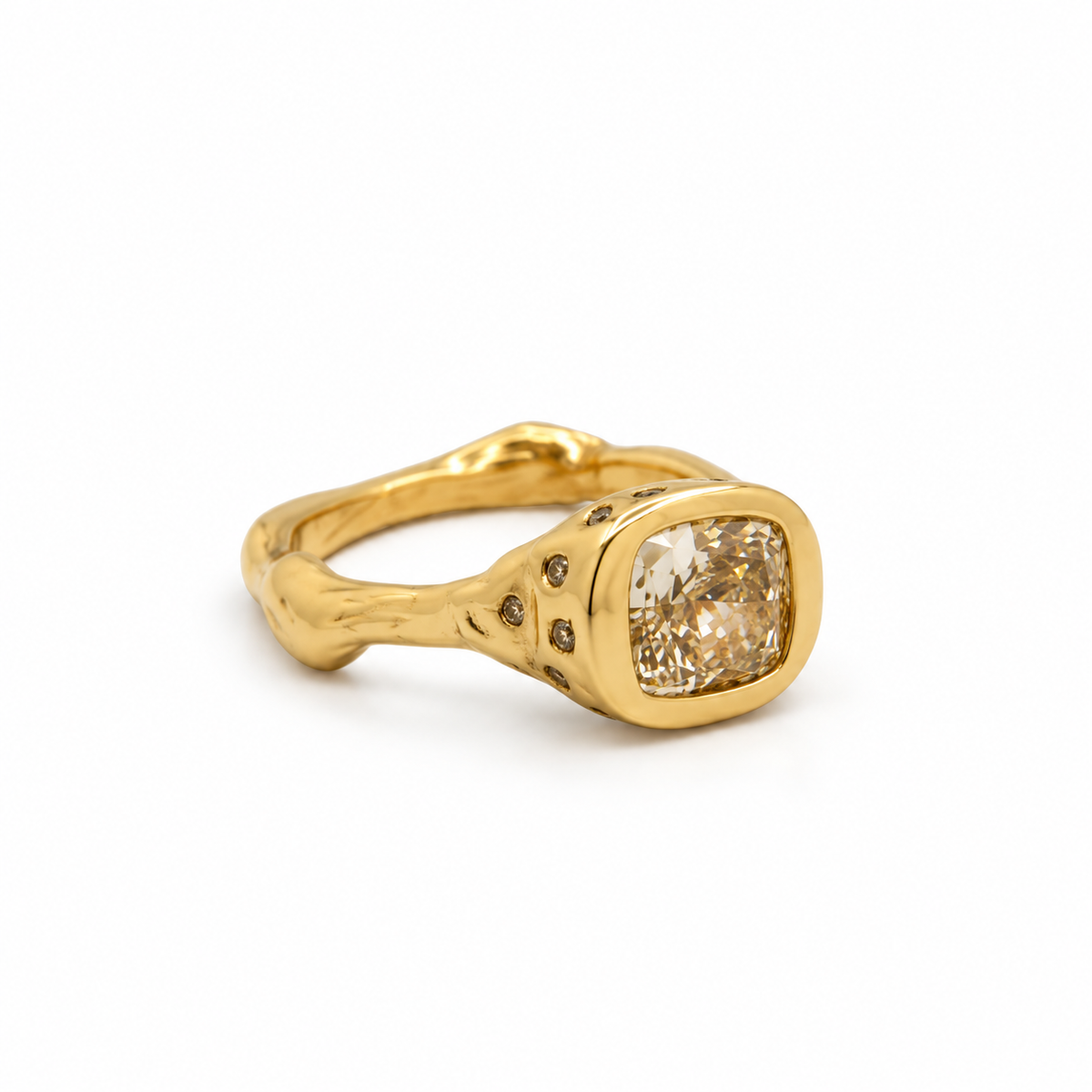 Handmade 9ct yellow gold engagement ring with a 1.53ct yellow cushion-cut lab-grown diamond in a bezel setting and small diamonds on the shoulders, by Francisca Rendic, Bronte Sydney