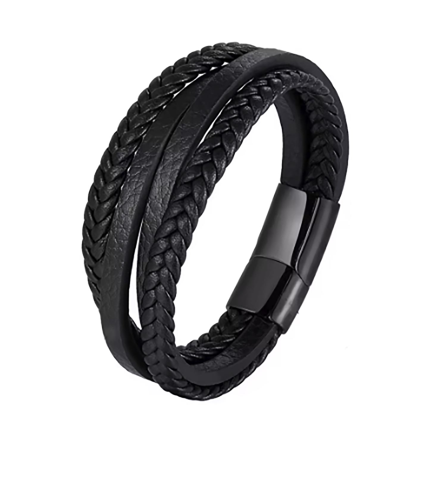 The Thamus Design Men’s Leather Multi-Layer Bracelet by FR | Art Jewellery features brown braided and smooth strands with a sleek black stainless steel clasp for a modern look.