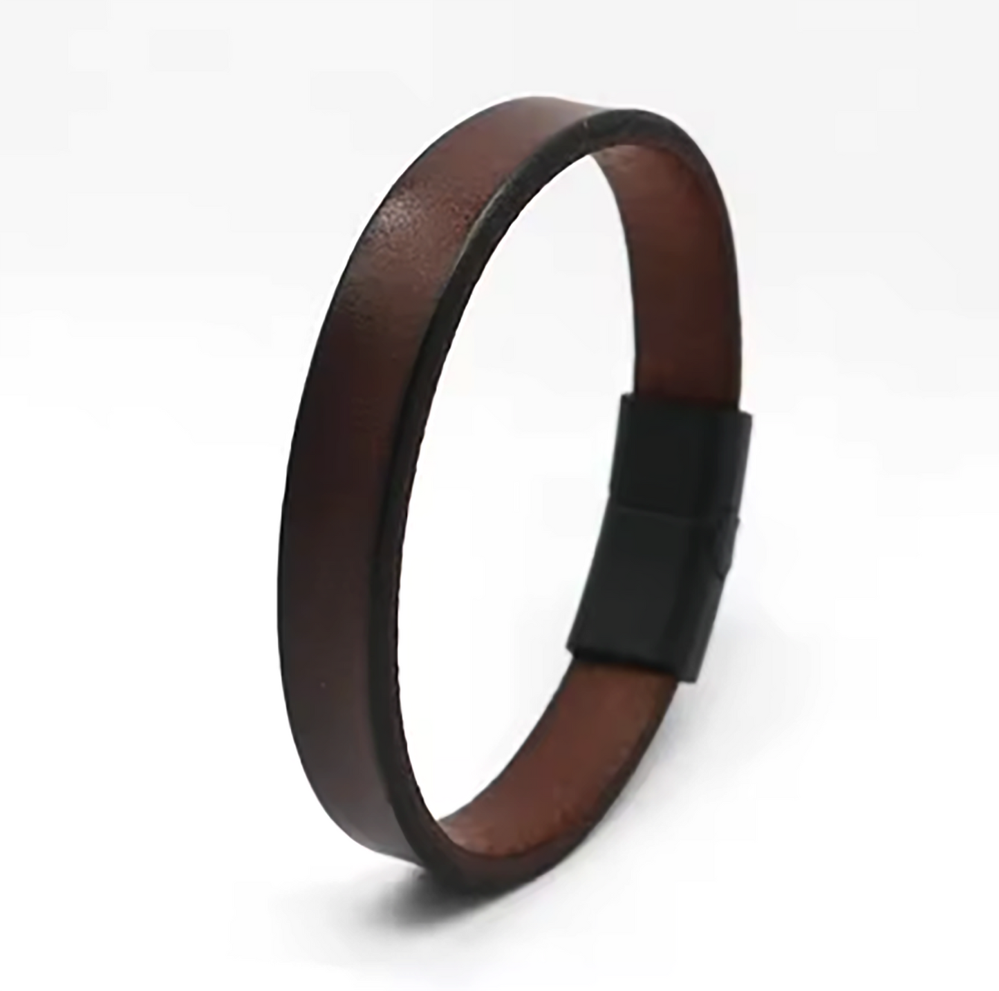 The Men’s Classic Leather Bracelet with Stainless Steel Clasp by FR | Art Jewellery – Thamus Design, is a brown minimalist piece, shown against a white background.
