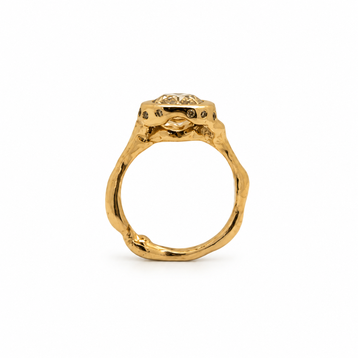 Profile view of a bespoke 9ct gold cushion-cut yellow lab-grown diamond ring with an organic hand-carved band, FR Art Jewellery Australia