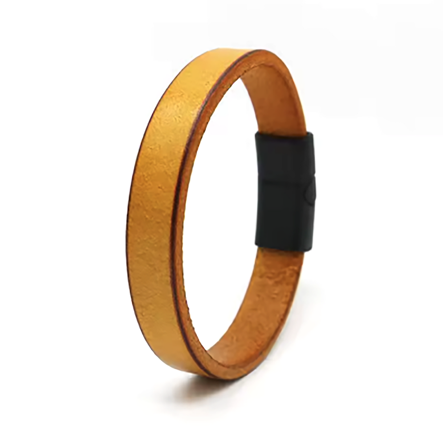 The Men’s Classic Leather Bracelet with Stainless Steel Clasp by FR | Art Jewellery – Thamus Design, is a brown minimalist piece, shown against a white background.