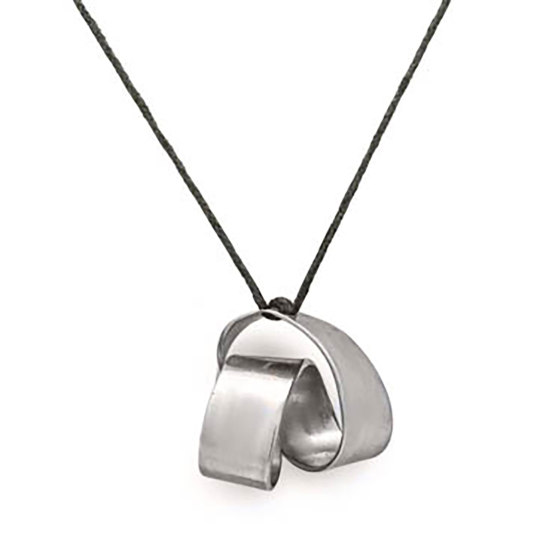 The Archi mate Necklace by FR | Art Jewellery is a handmade piece featuring a black cord with a shiny, abstract silver pendant. The pendant is shaped like a twisted loop, creating a modern and elegant design against the plain white background. This custom-made jewellery beautifully complements any outfit.