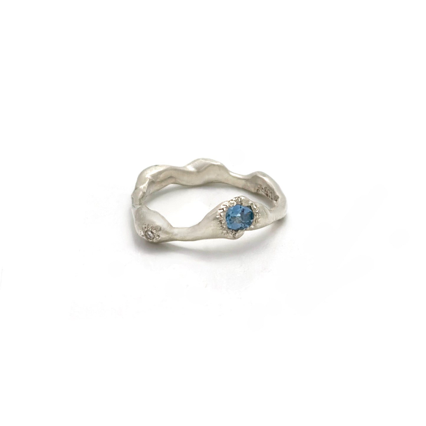 Handmade sterling silver ring with aquamarine and diamond by FR | Art Jewellery, Sydney – organic sculptural design inspired by ocean waves. angle photo