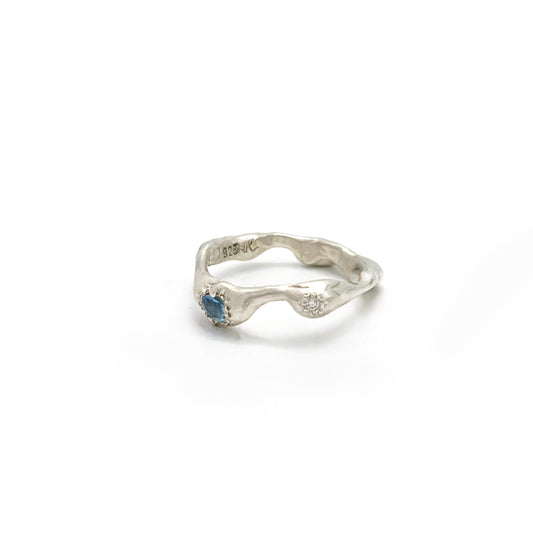 Handmade sterling silver ring with aquamarine and diamond by FR | Art Jewellery, Sydney – organic sculptural design inspired by ocean waves.