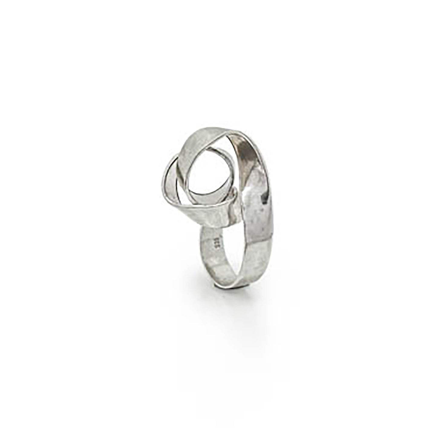 The Archi Small Polish ring by FR | Art Jewellery is a striking silver piece with a unique twisted and looped design, featuring an open circular element at the top. The smooth, slightly reflective band highlights the intricate craftsmanship of handmade jewellery, set against a plain white background to emphasize its exquisite detail.