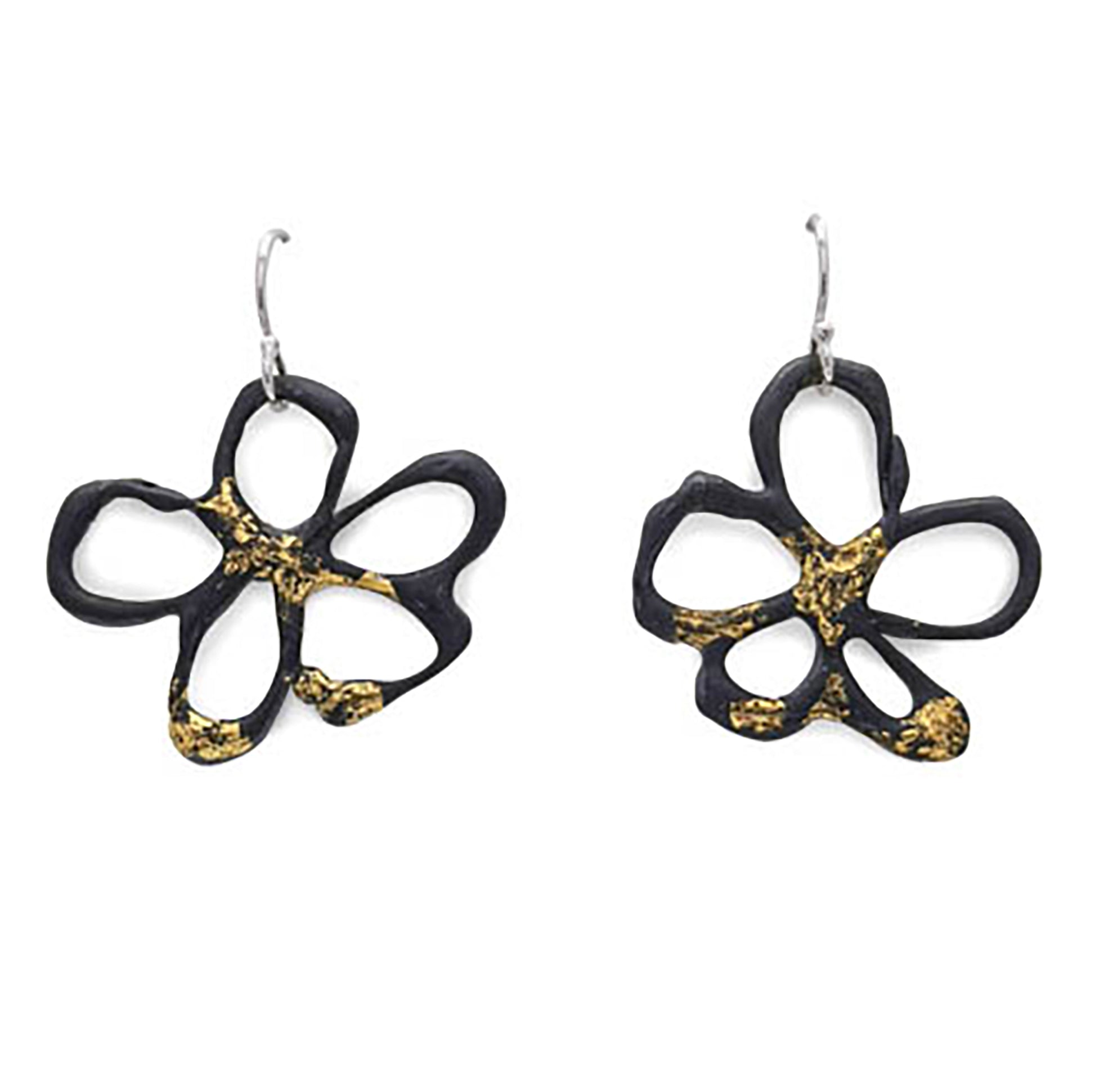 A pair of Black Flower Gold Earrings by FR | Art Jewellery, featuring an abstract floral design. These handmade pieces are primarily black with gold accents and have a loop for piercing. The gold-plated earrings boast petal-like shapes in an artistic open-work style, ideal for custom-made orders.