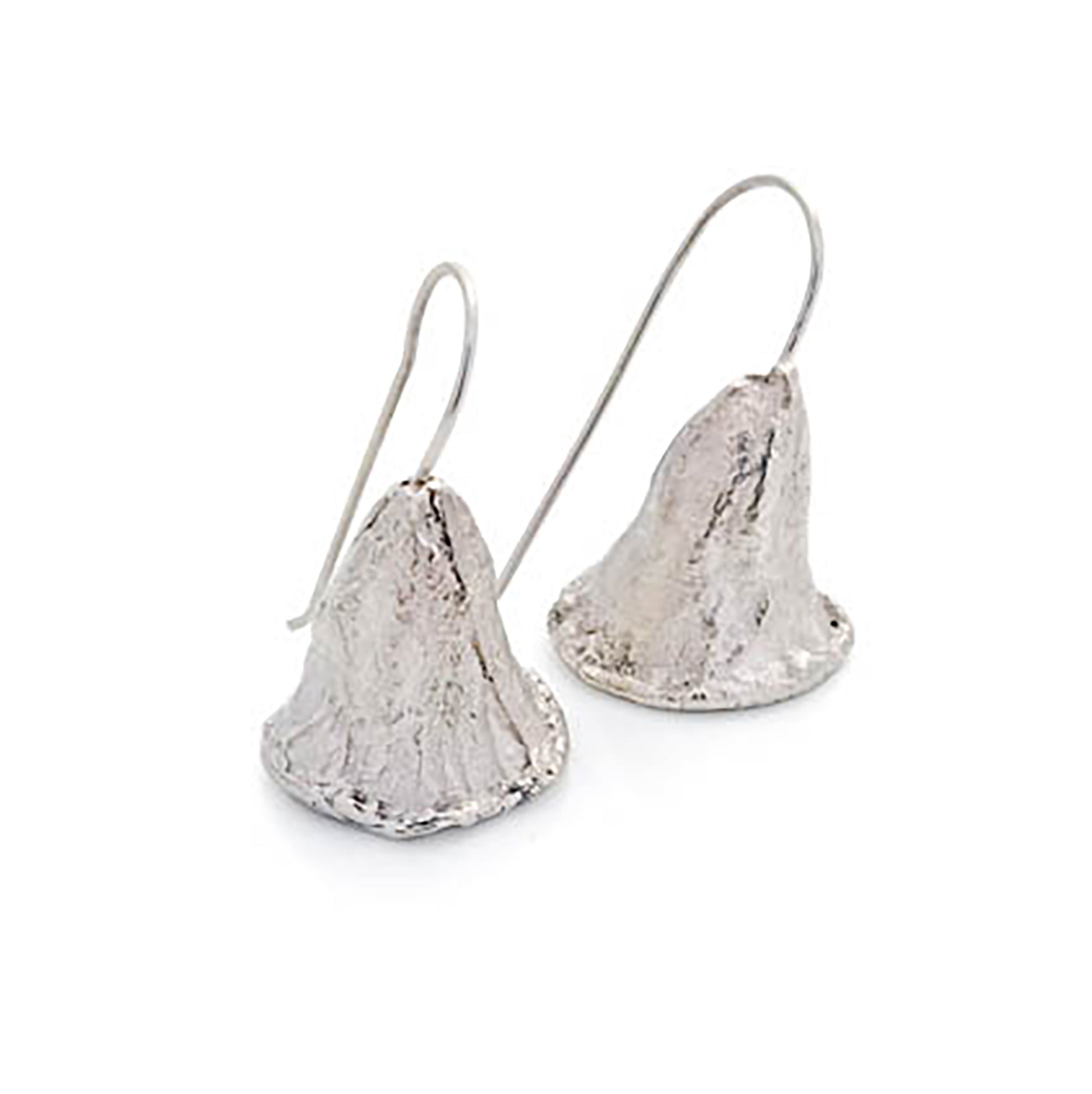 Introducing the Bells earrings by FR | Art Jewellery, a pair of silver drop earrings featuring a wavy, conical design. Each earring includes a hook for easy attachment. The textured surface of the cones adds a rustic charm. As part of our handmade jewellery collection, they are customizable with gold-plated options upon request.