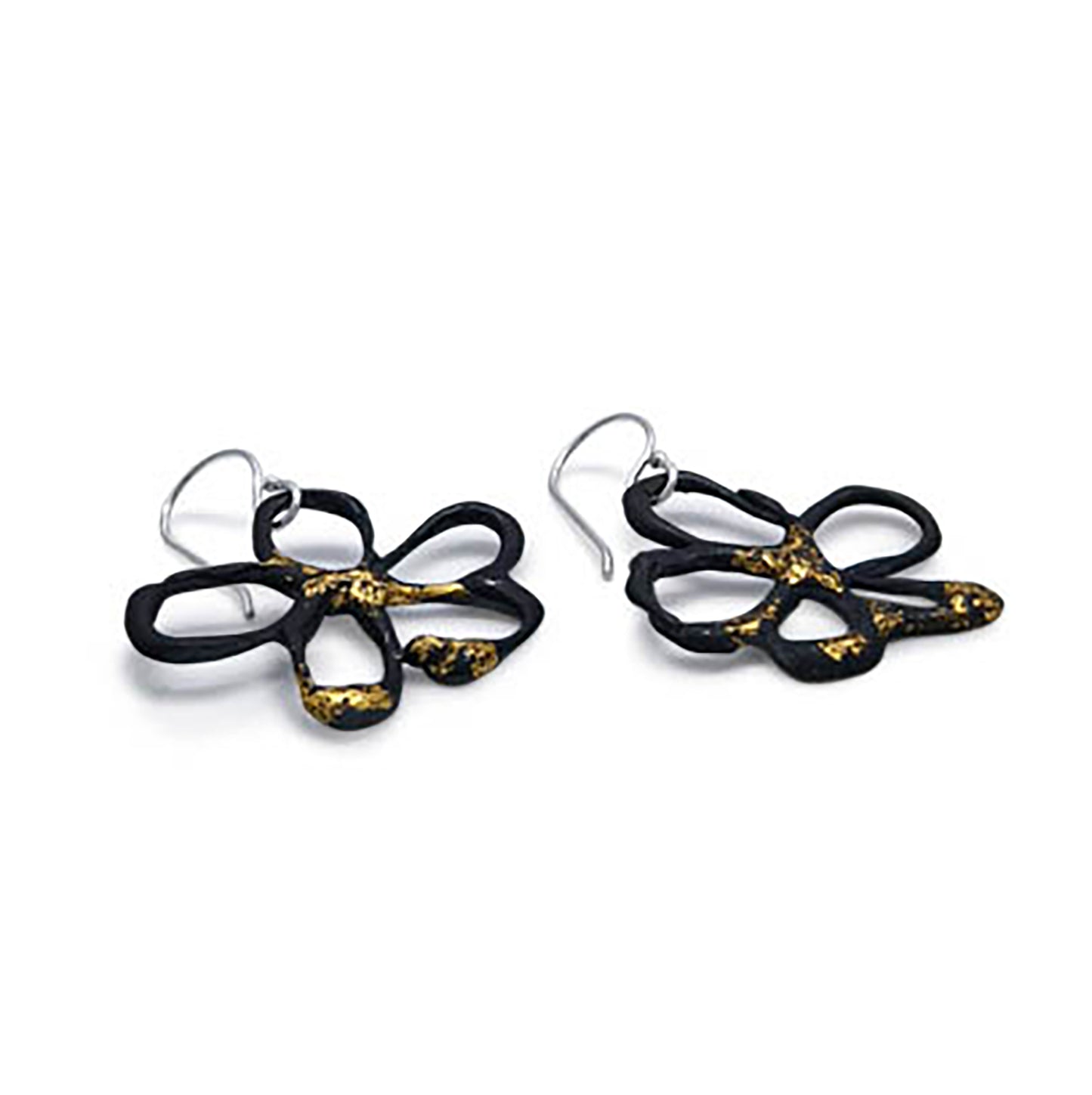 A pair of Black Flower Gold Earrings by FR | Art Jewellery, featuring an abstract floral design. These handmade pieces are primarily black with gold accents and have a loop for piercing. The gold-plated earrings boast petal-like shapes in an artistic open-work style, ideal for custom-made orders.