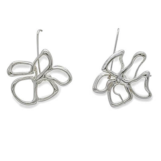 Introducing the Blossom Earrings by FR | Art Jewellery: A pair of silver earrings designed to resemble abstract, open-petal flowers. The delicate, intricate wire-like structure showcases the artistry of handmade jewellery and features a hook for fastening. These exquisite earrings can also be custom-made or gold plated for a personalized touch.