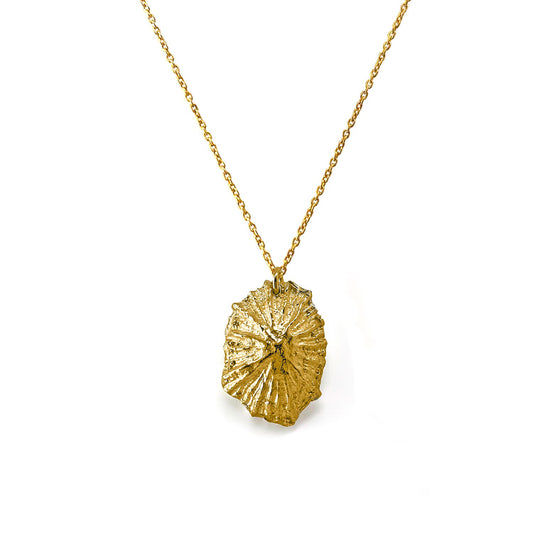 Introducing the Bondi Shell II Necklace from FR | Art Jewellery, a gold necklace with a delicate chain featuring a textured, irregularly shaped pendant. This handmade piece boasts a rough, organic design with a radial pattern reminiscent of natural elements, adding unique and rustic charm to your collection.