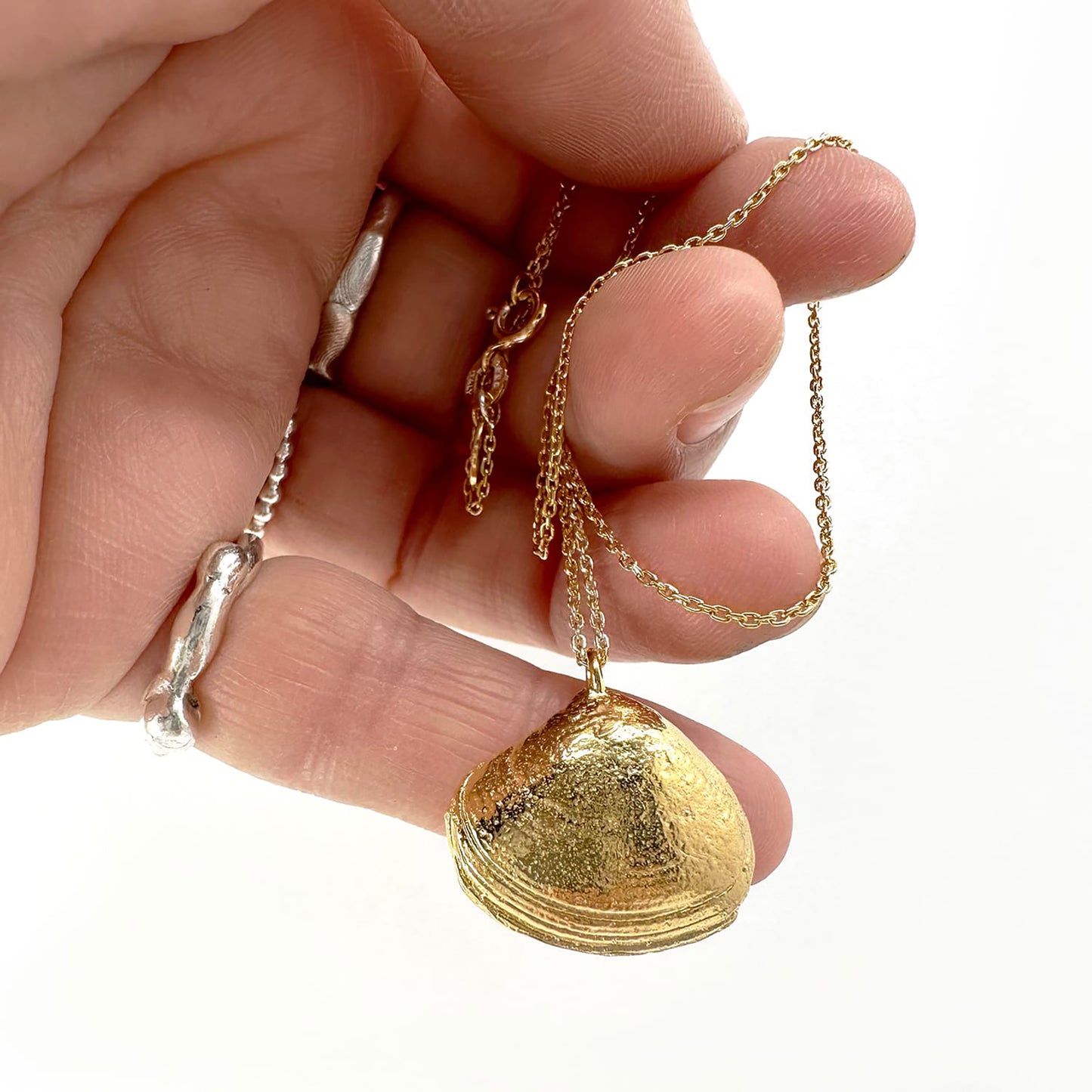 A close-up of the Bondi Shell I Necklace by FR | Art Jewellery, showcasing its seashell-shaped pendant with a textured surface that mimics a real shell. This handmade jewellery piece is paired with a thin and delicate chain. The plain white background beautifully highlights the shining gold pendant.