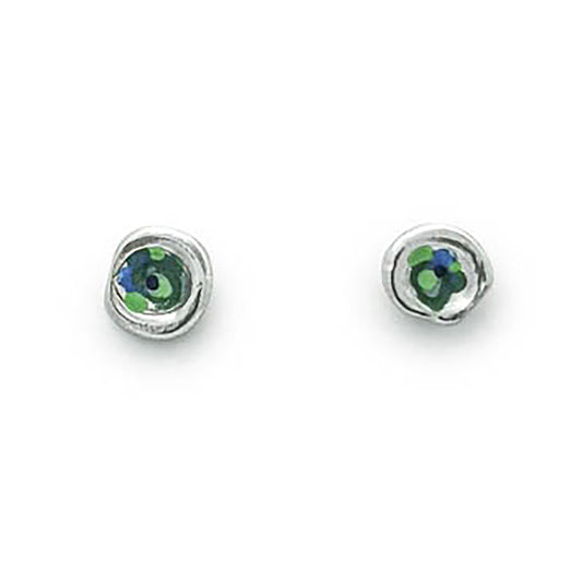 Introducing the "Colour Dot Earrings Forest" by FR | Art Jewellery, a pair of silver stud earrings that feature small, round stones at the center. These stones display a beautiful blend of green and blue hues, offering a unique and vibrant look. The earrings boast a simple yet elegant design.