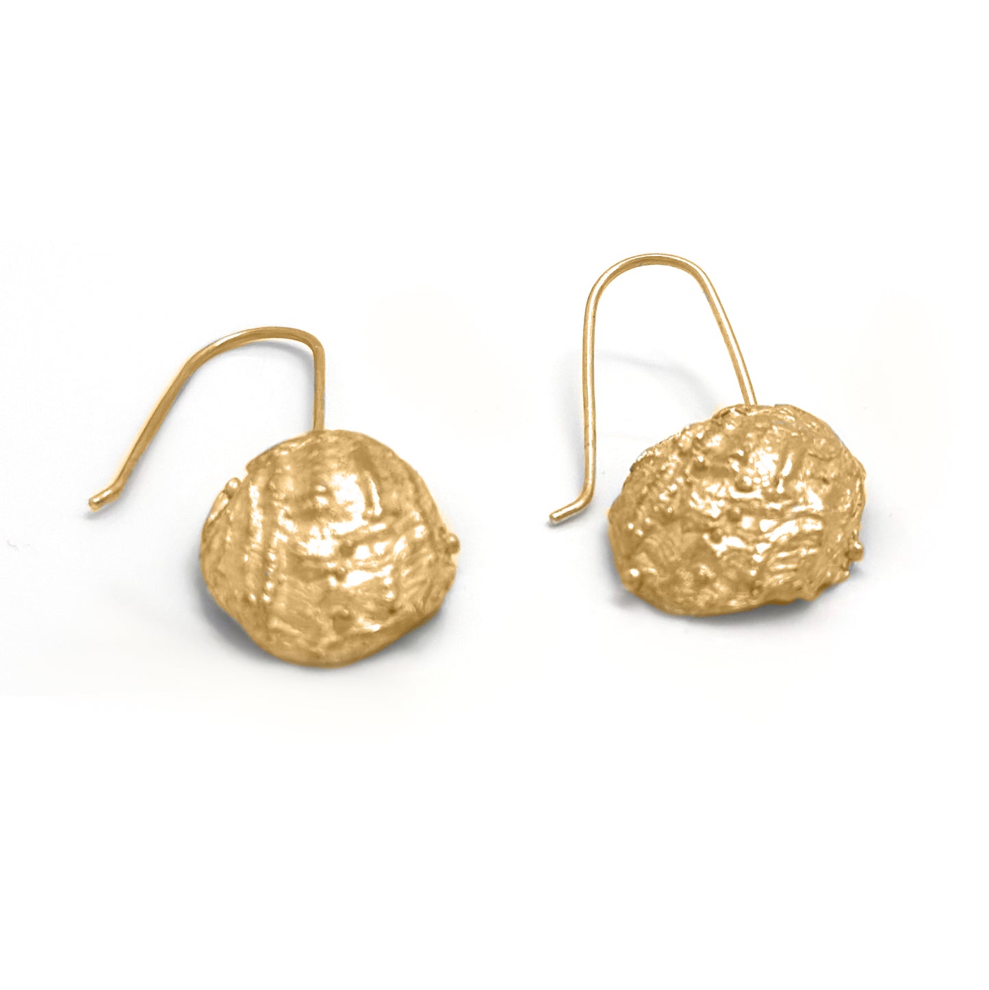 The Shelly Curve Earrings – Gold Plated in Sterling Silver by FR | Art Jewellery feature irregular, textured circular shapes and simple hook-style backings, evoking ocean-inspired designs.