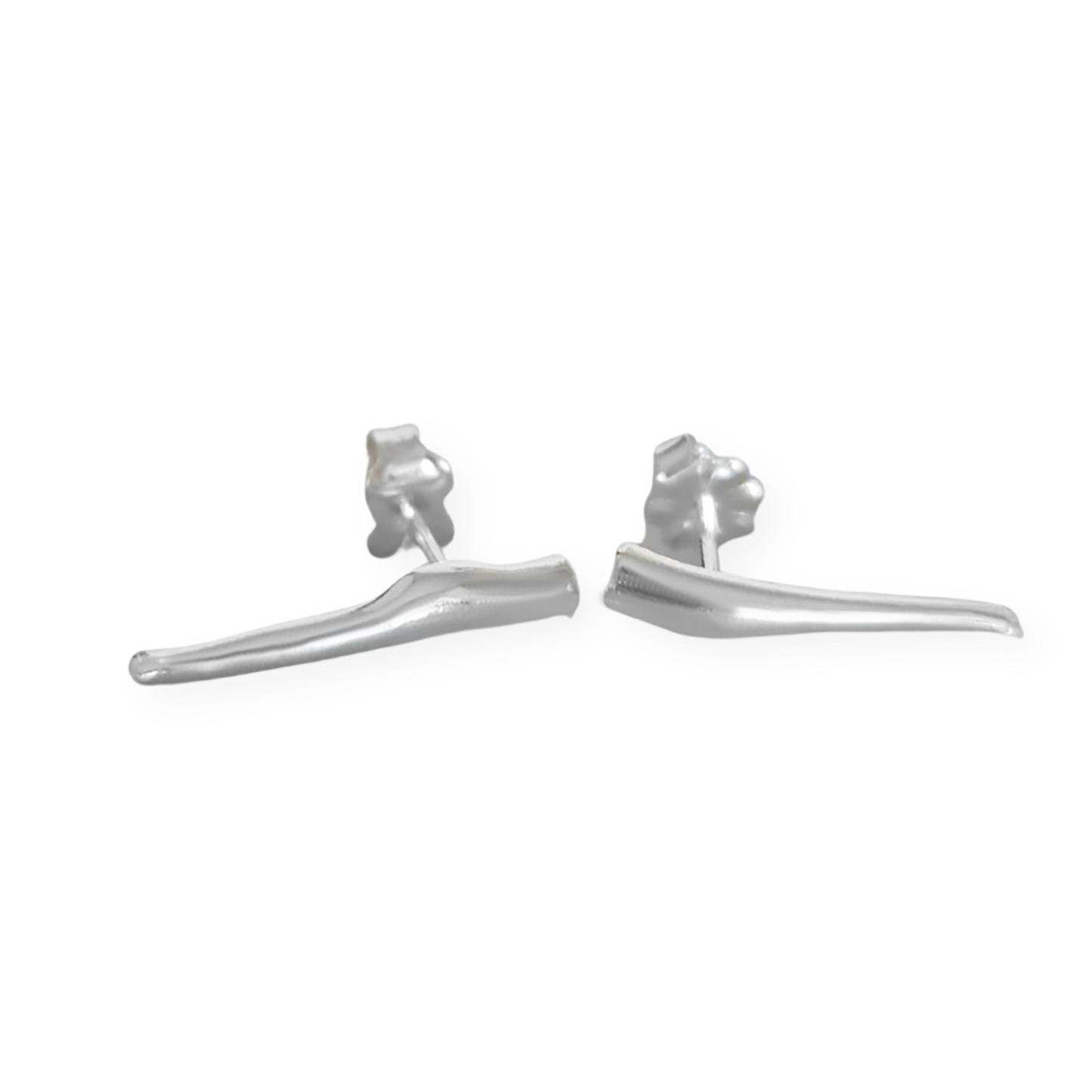 Introducing the drop XL Earrings by FR | Art Jewellery: a pair of sleek, modern silver earrings with a unique elongated design. Featuring a dangling, asymmetrical structure attached to small studs, these handmade pieces boast a minimalist metal finish for a contemporary look. Positioned side by side on a plain background.