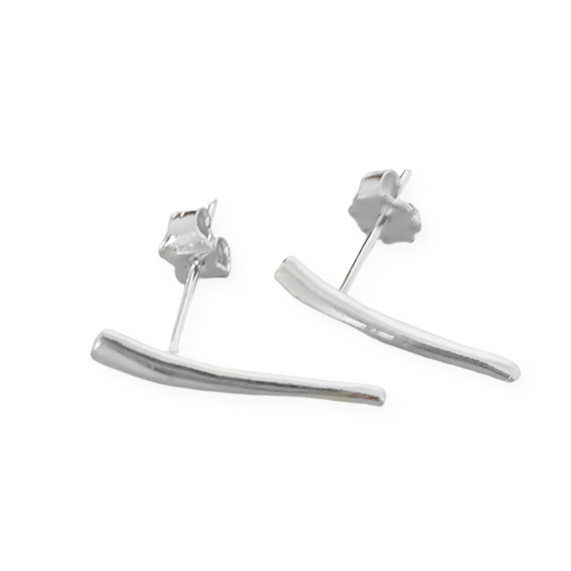 Introducing the drop XL Earrings by FR | Art Jewellery: a pair of sleek, modern silver earrings with a unique elongated design. Featuring a dangling, asymmetrical structure attached to small studs, these handmade pieces boast a minimalist metal finish for a contemporary look. Positioned side by side on a plain background.