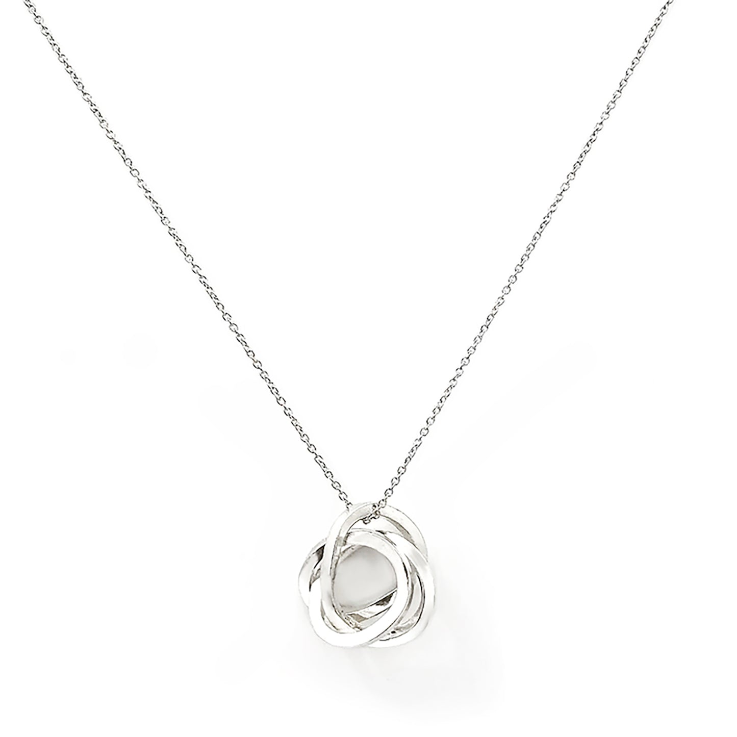 Introducing the Endless Necklace by FR | Art Jewellery: a stunning silver necklace showcasing a delicate chain and a pendant of intricately interlocking circles. The circles are smoothly polished, embodying an elegant and timeless design. The simplicity of the chain accentuates the intricate pattern of the pendant, perfectly representing our commitment to exquisite handmade jewellery.