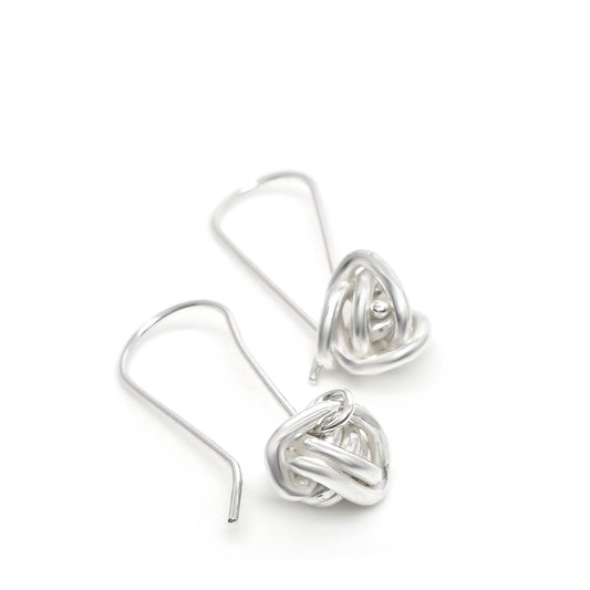 A pair of Endless Knot Earrings by FR | Art Jewellery, featuring a spherical knot design with a hooked fastening. These handmade jewellery pieces have a bright, polished finish and are perfect for custom-made orders. Displayed on a white background.