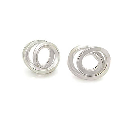 Introducing the Endless Stud Earrings by FR | Art Jewellery, a pair of silver stud earrings featuring a modern design with two intertwined loops that create a circular, layered pattern. These earrings have a sleek, polished finish and exude a minimalist style. Custom-made orders are available, and they are elegantly presented against a plain white background.