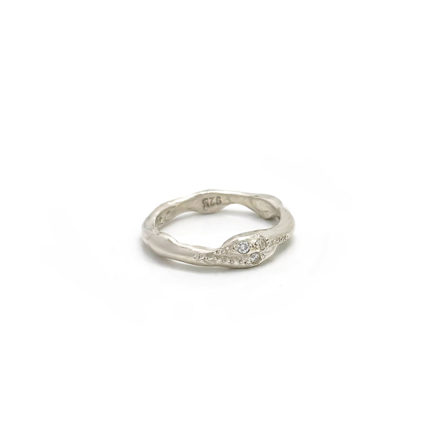 Handmade sterling silver ring with three white diamonds by FR | Art Jewellery, Sydney – organic sculptural band with natural curves and polished finish. two