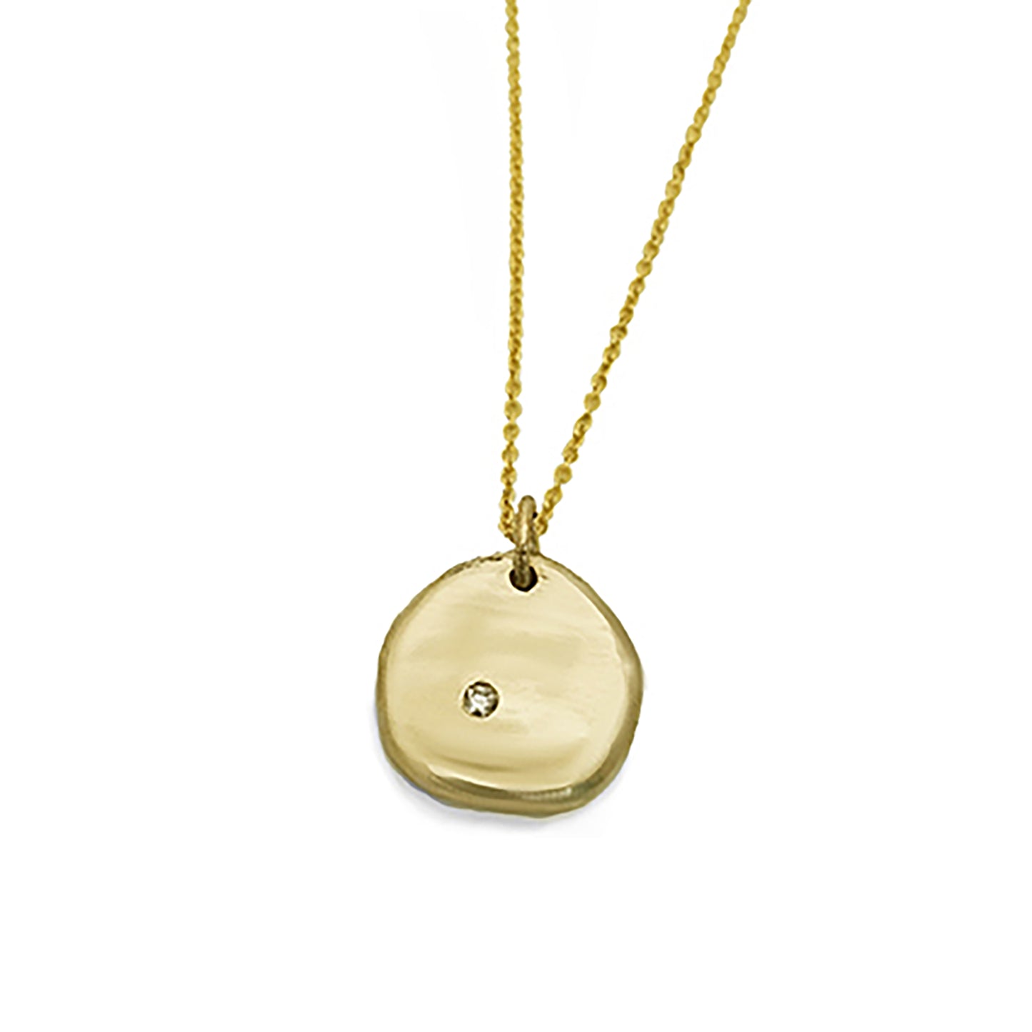 The Full Moon Necklace by FR | Art Jewellery is a delicate gold piece that features a round pendant with a small diamond embedded in the center. The thin chain perfectly complements the simple yet elegant design of the pendant, which boasts a smooth, slightly irregular surface. This necklace exemplifies the craftsmanship of handmade jewellery.