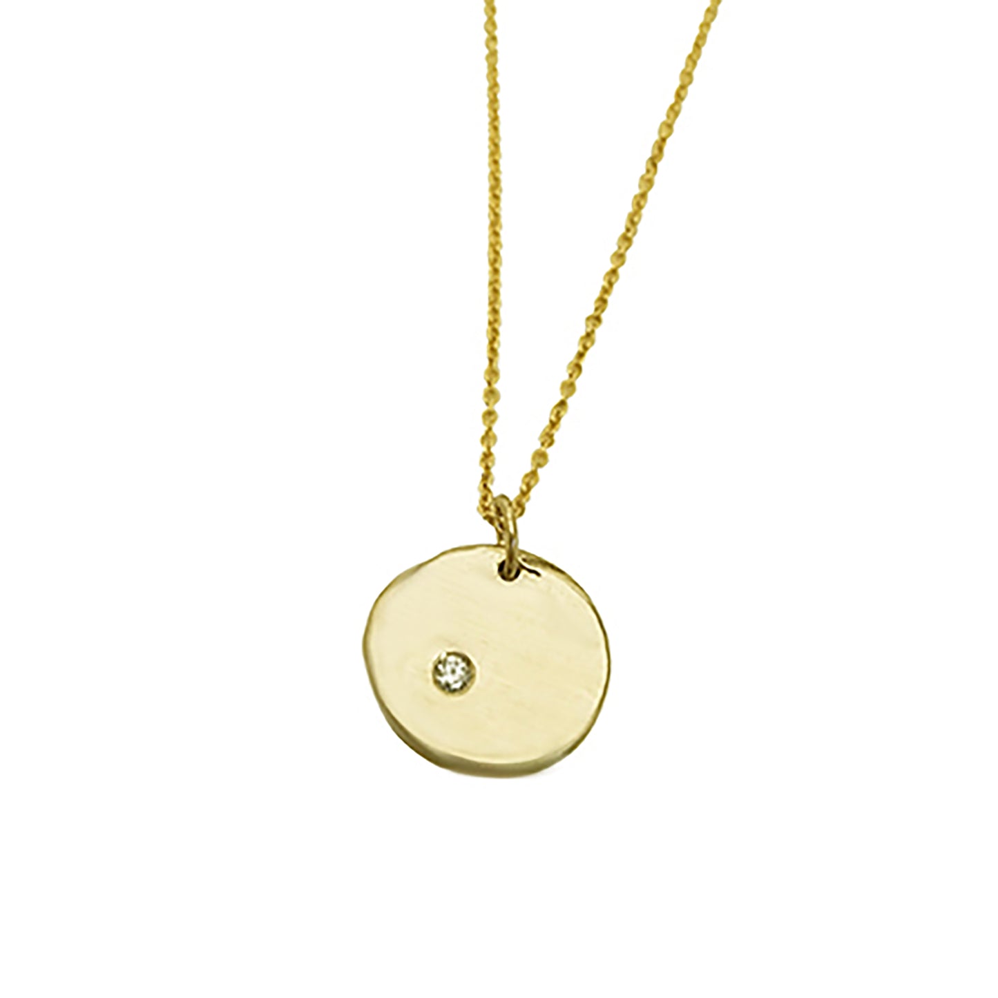 The Full Moon Necklace by FR | Art Jewellery is a delicate gold piece that features a round pendant with a small diamond embedded in the center. The thin chain perfectly complements the simple yet elegant design of the pendant, which boasts a smooth, slightly irregular surface. This necklace exemplifies the craftsmanship of handmade jewellery.