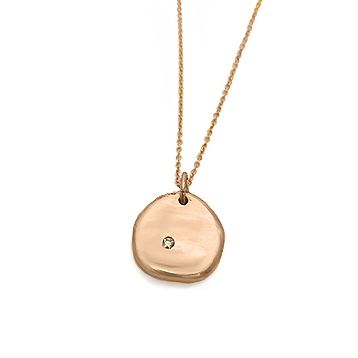 The Full Moon Necklace by FR | Art Jewellery is a delicate gold piece that features a round pendant with a small diamond embedded in the center. The thin chain perfectly complements the simple yet elegant design of the pendant, which boasts a smooth, slightly irregular surface. This necklace exemplifies the craftsmanship of handmade jewellery.