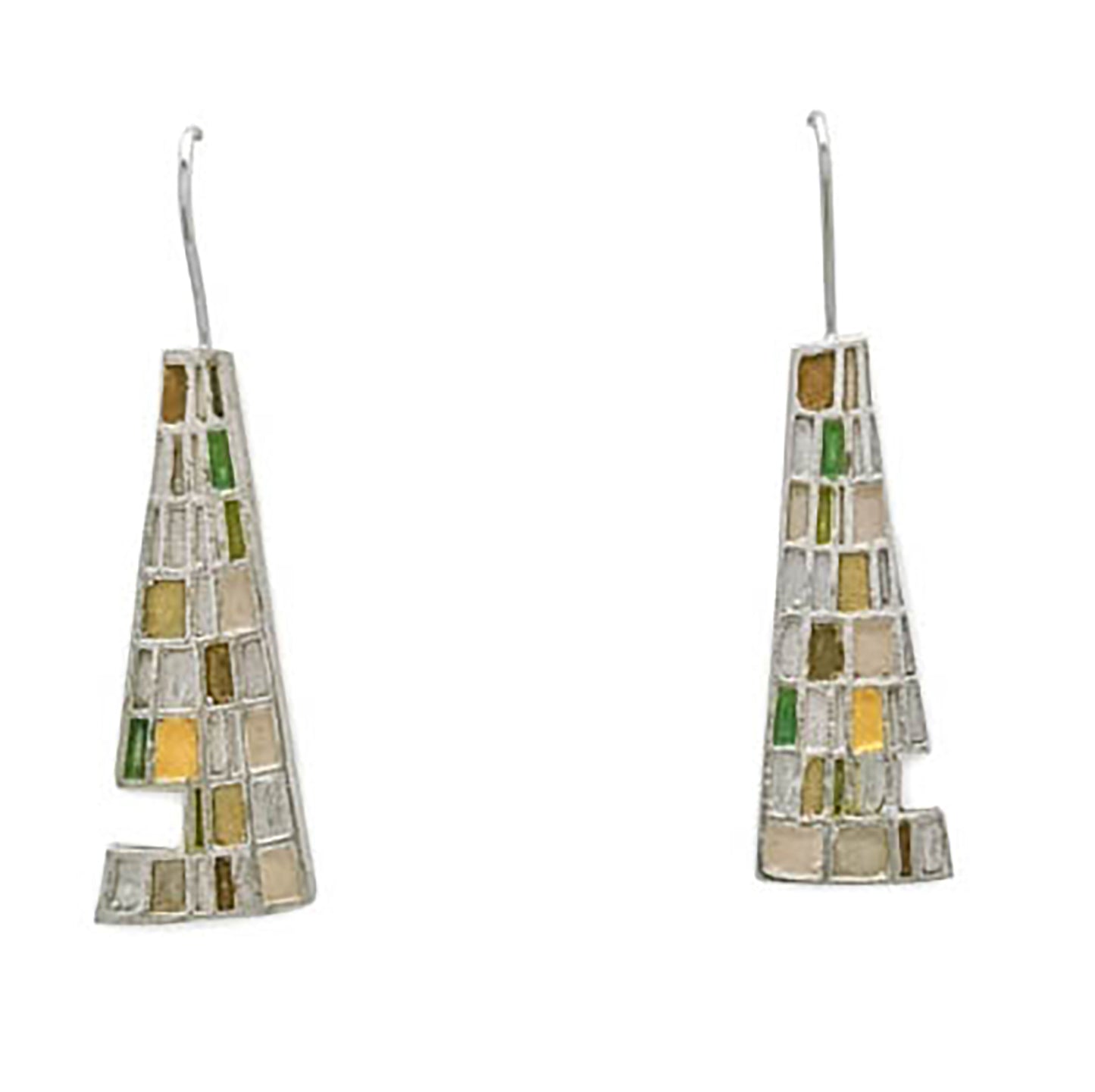 Introducing the Gustav Small Earrings by FR | Art Jewellery: A pair of handmade, dangling earrings showcasing a mosaic design with tiny squares and rectangles in a vibrant array of blue, green, purple, and beige. These silver-set earrings offer a geometric and modern aesthetic, making them perfect for custom-made orders.