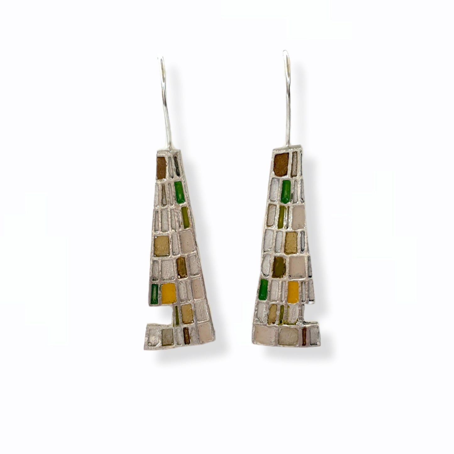 Introducing the Gustav Small Earrings by FR | Art Jewellery: A pair of handmade, dangling earrings showcasing a mosaic design with tiny squares and rectangles in a vibrant array of blue, green, purple, and beige. These silver-set earrings offer a geometric and modern aesthetic, making them perfect for custom-made orders.