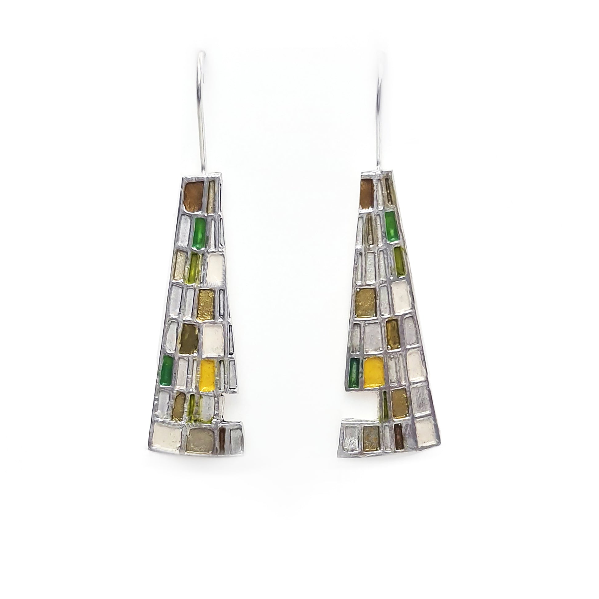 Introducing the Gustav Small Earrings by FR | Art Jewellery: A pair of handmade, dangling earrings showcasing a mosaic design with tiny squares and rectangles in a vibrant array of blue, green, purple, and beige. These silver-set earrings offer a geometric and modern aesthetic, making them perfect for custom-made orders.