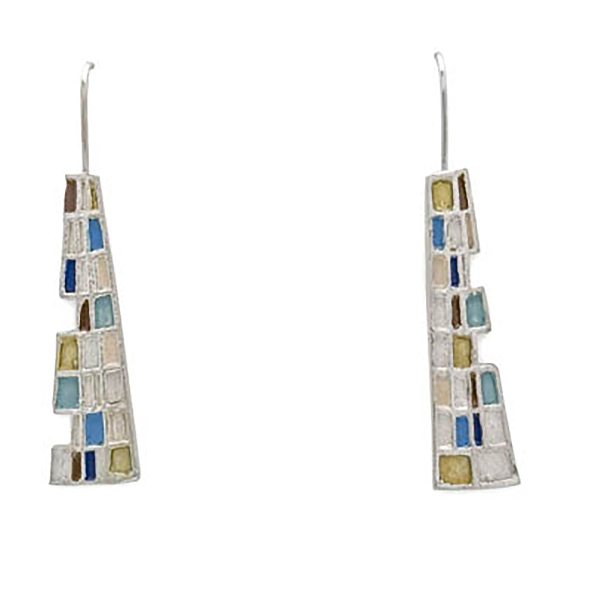 Introducing the Gustav Small Earrings by FR | Art Jewellery: A pair of handmade, dangling earrings showcasing a mosaic design with tiny squares and rectangles in a vibrant array of blue, green, purple, and beige. These silver-set earrings offer a geometric and modern aesthetic, making them perfect for custom-made orders.